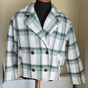 Madewell Deep Forest Plaid Jacquard Double-Breasted Crop Jacket Coat EUC Wmn SzM